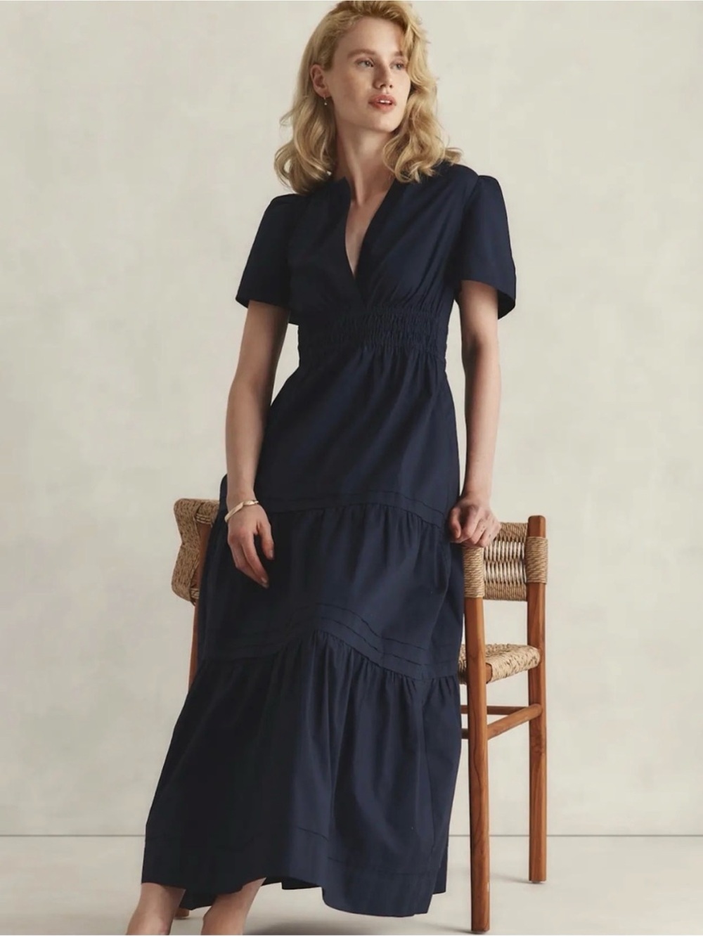 Quince 100% Organic Cotton Poplin Navy Short-Sleeve Tiered Maxi Dress 🆕
